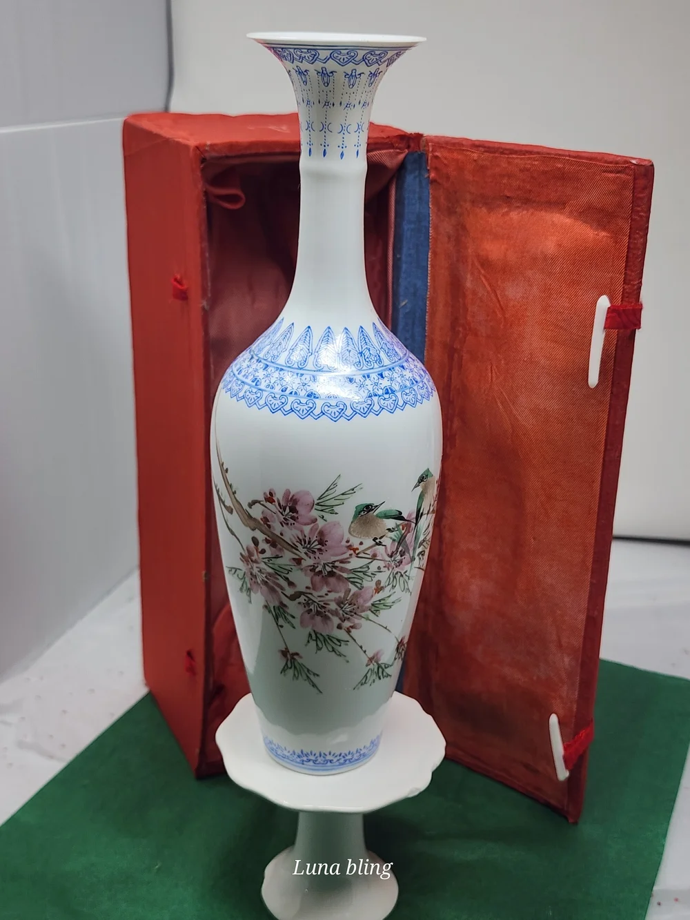 Porcelain Floral & Bird Tall Vase - Blue Accent